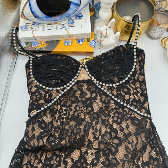 🆕 SELF-PORTRAIT 🧿 NWOT Crystal Trimmed Black Fine Lace Maxi Dress, Sz US4 UK8 - Picture 12 of 15